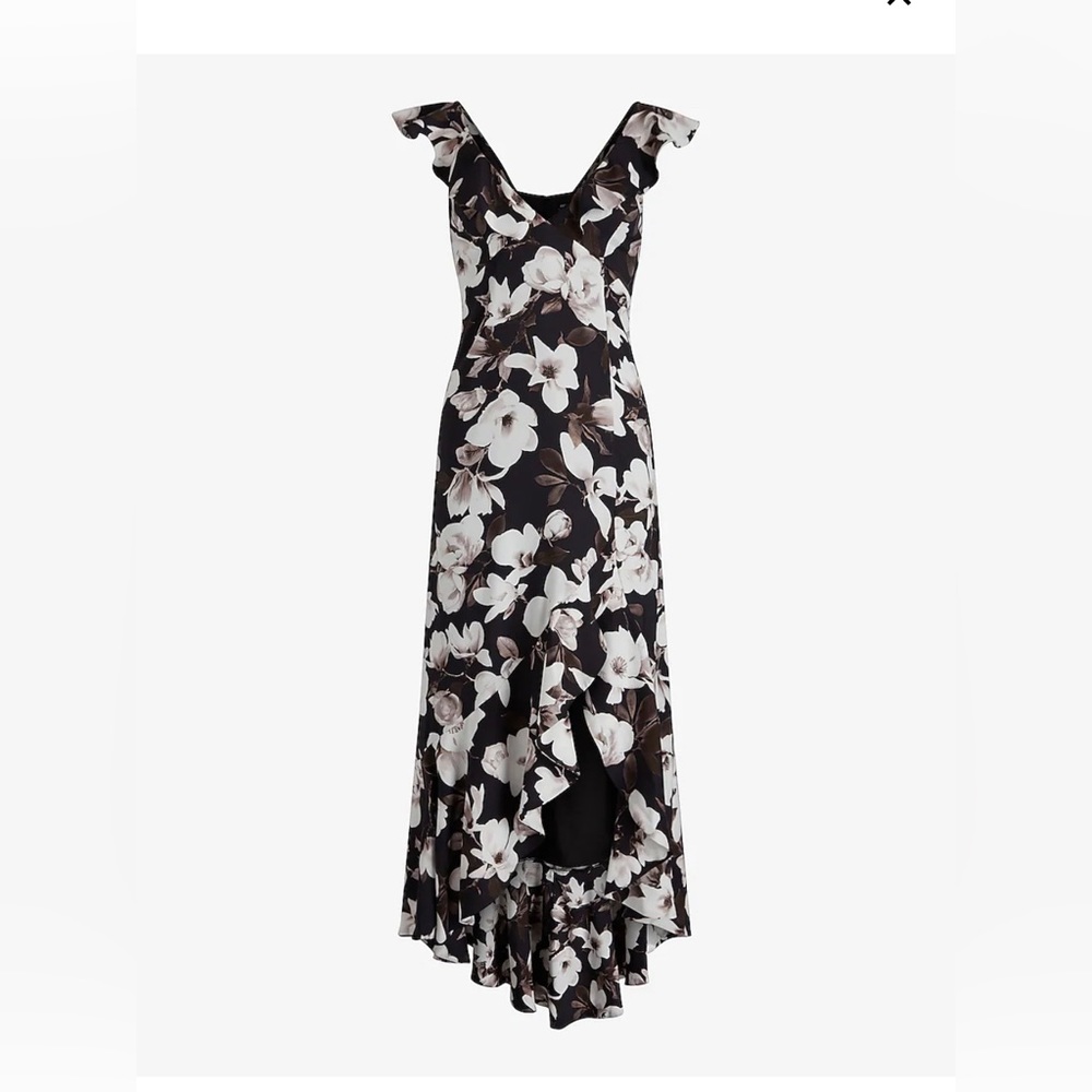 New with Tags Express Satin Floral Ruffle Hi-Lo Maxi Dress